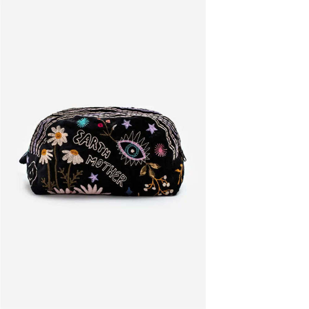 Johnny Was Embroidery Zipper Closure Cotton Soho Makeup Bag Handbag Black New